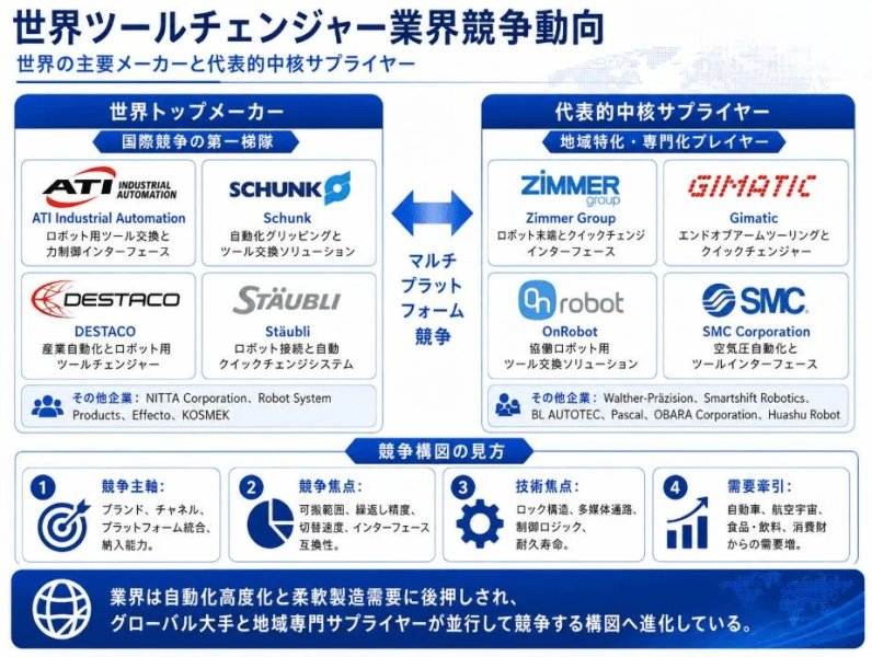 世界のツールチェンジャー業界の競争動向を示す図。主要メーカーと中核サプライヤーが紹介され、ブランド、技術、需要などの競争構造が解説されている。自動化と柔軟製造の需要増が背景にある。